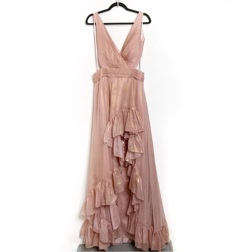 Mac Duggal Cut Out High Low Ruffle Gown NWT Size 12 Formal Dress Rose Gold - Picture 5 of 17